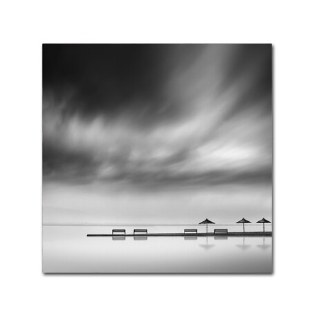 Trademark Fine Art George Digalakis 'Four Benches And Three Umbrellas' Canvas Art, 24x24 1X00619-C2424GG